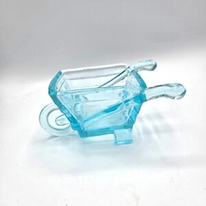 VINTAGE Wheelbarrow‎ Candy Container Jar Dish Aqua Turquoise Blue Glass 1930's